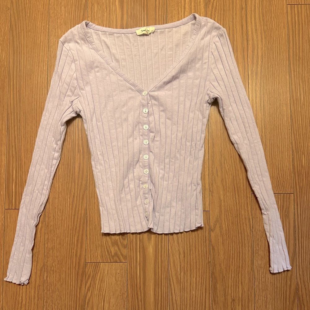Women's Long Sleeve Ribbed Button-Front Top - Light Lilac